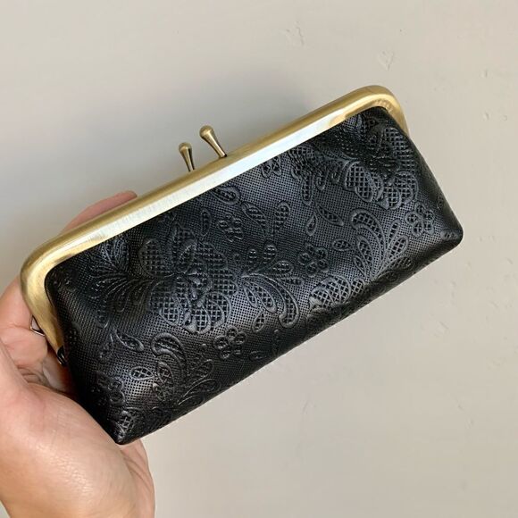 Genuine Leather Embossed Floral Lace, Real Bamboo Handle Bag & Small Clutch Set - Picture 13 of 16